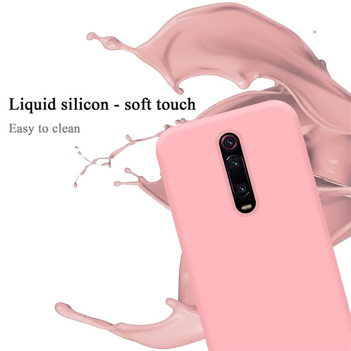Una custodia per telefono rosa con uno spruzzo di liquido rosa sullo sfondo.