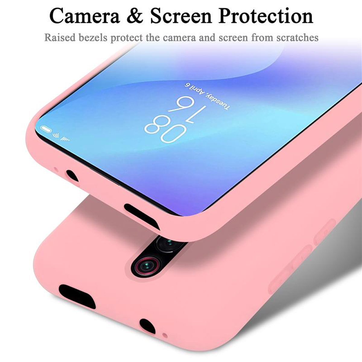 Custodia rosa per telefono. Cornici rialzate. Martedì 6 aprile è sullo schermo.