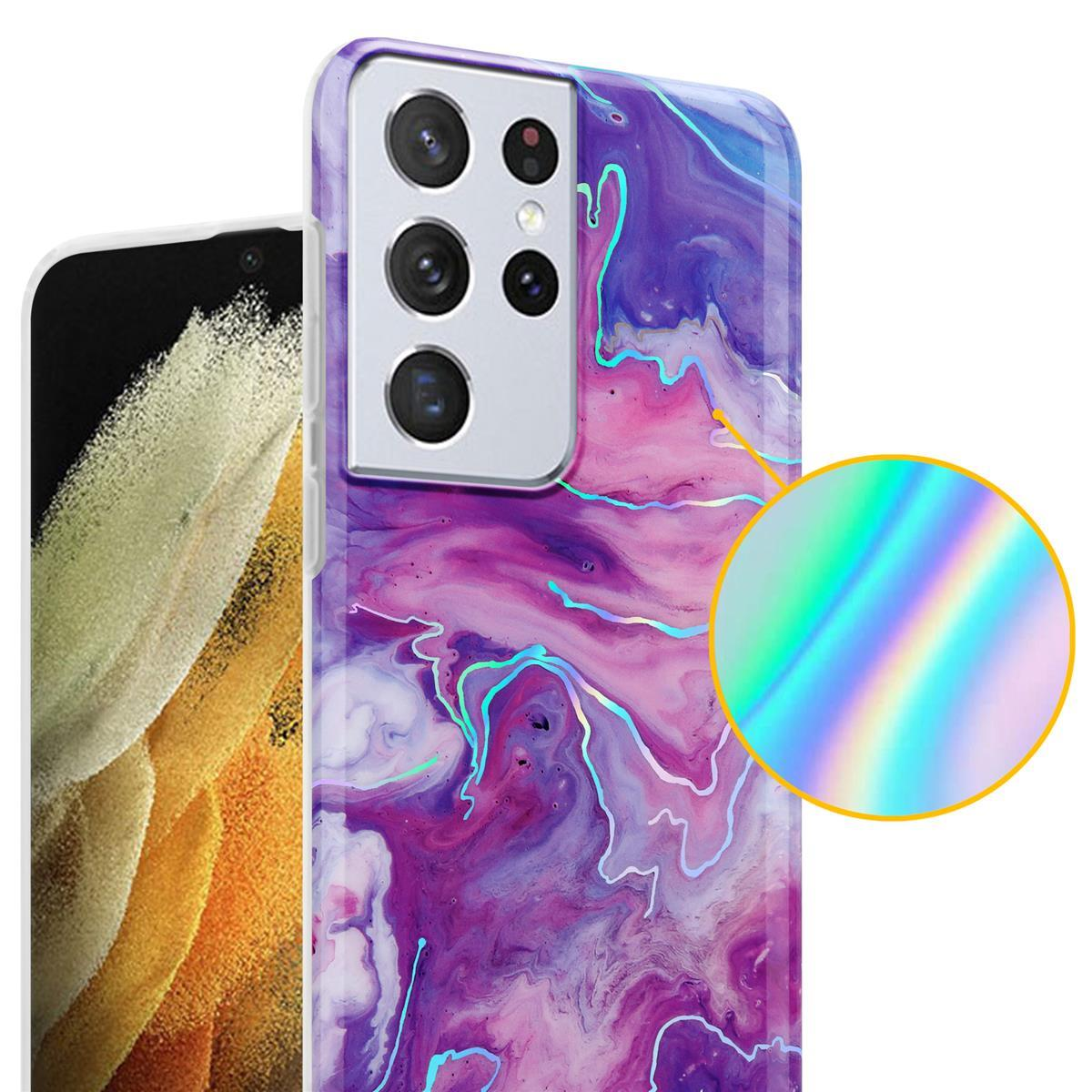 Primo piano di una custodia per telefono con un design marmorizzato in tonalità viola e rosa. Un cerchio mostra un effetto arcobaleno.