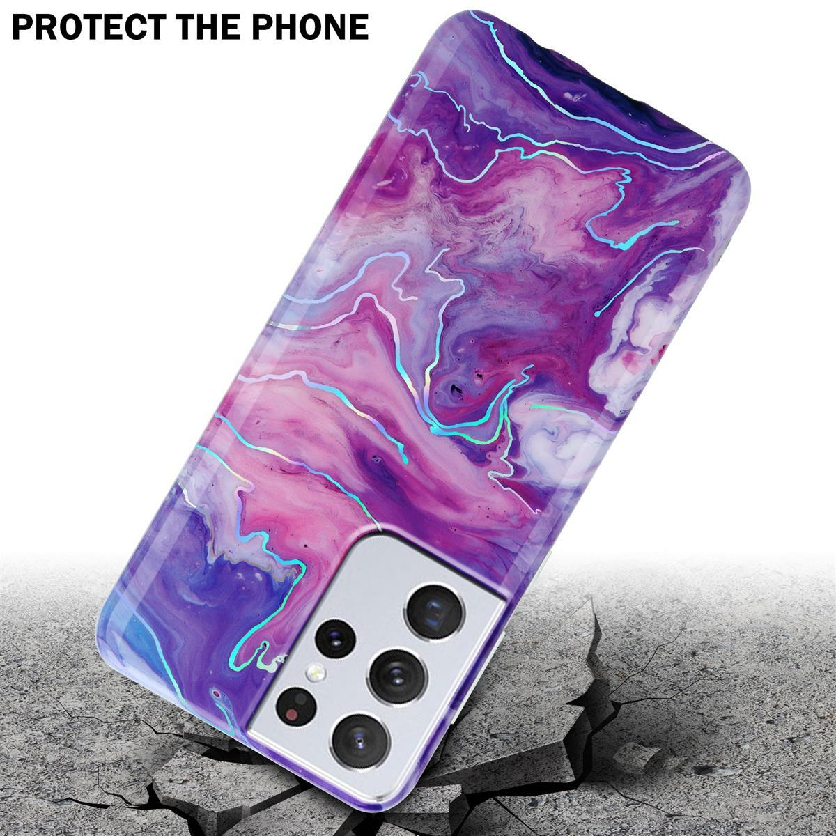 Un telefono in una custodia viola sta cadendo. Il telefono sta per rompere il suolo.