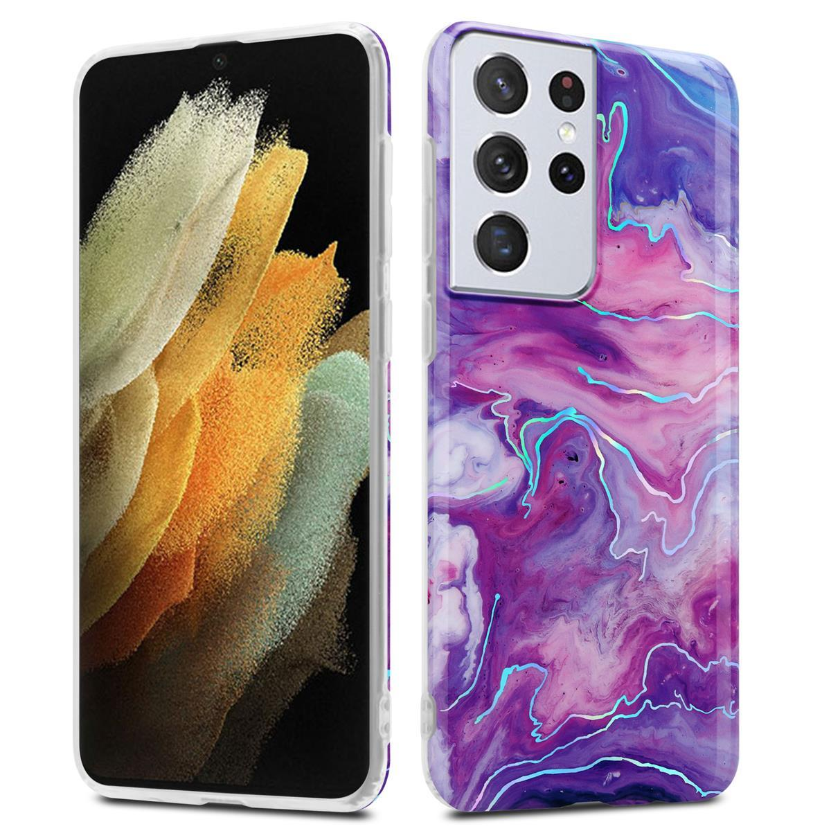Due custodie per telefono, una con schermo blu e una con design a marmo viola. Le custodie sono per un telefono cellulare.