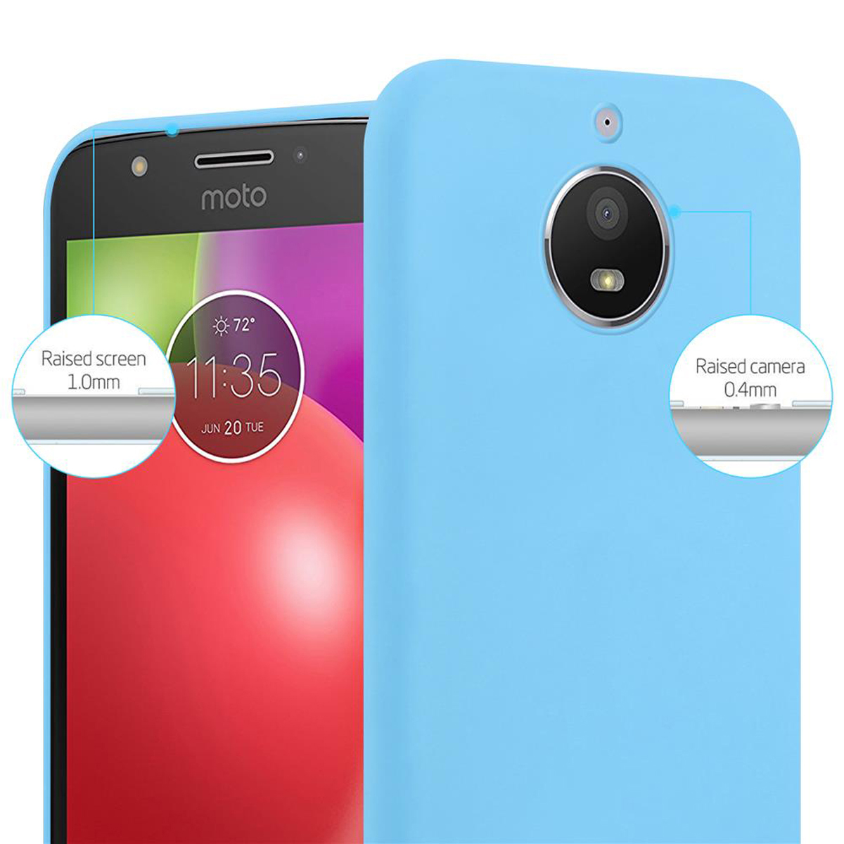 Una custodia per telefono azzurra con un telefono cellulare all'interno e uno sfondo blu.