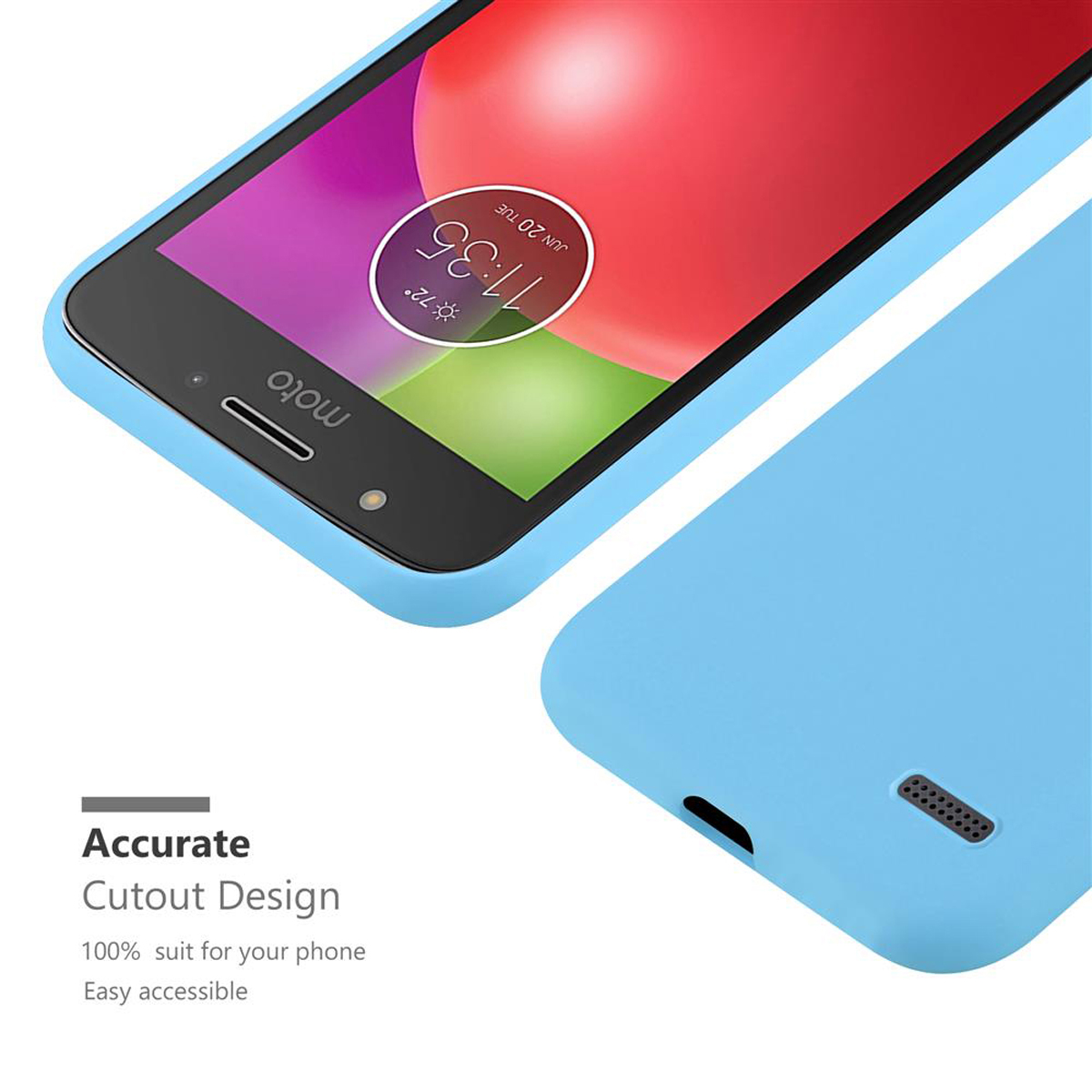 Custodia blu per telefono con ritagli per un telefono. Schermo del telefono che mostra un'immagine rosso brillante.