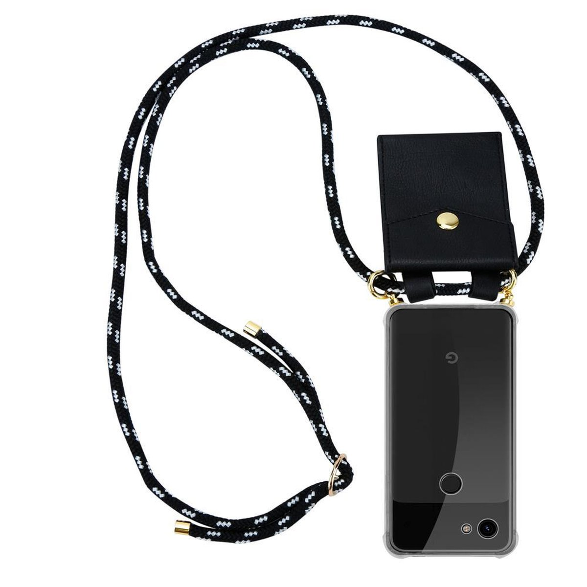 Telefon mit durchsichtiger Hülle und schwarzem Portemonnaie an schwarz-weißem Seil. Weißer Hintergrund.