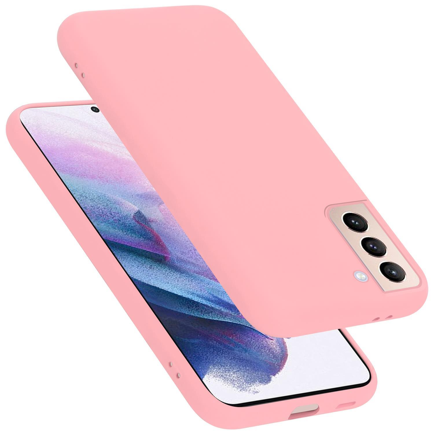 Rosa Handyhülle und Handy, schräge Ansicht.