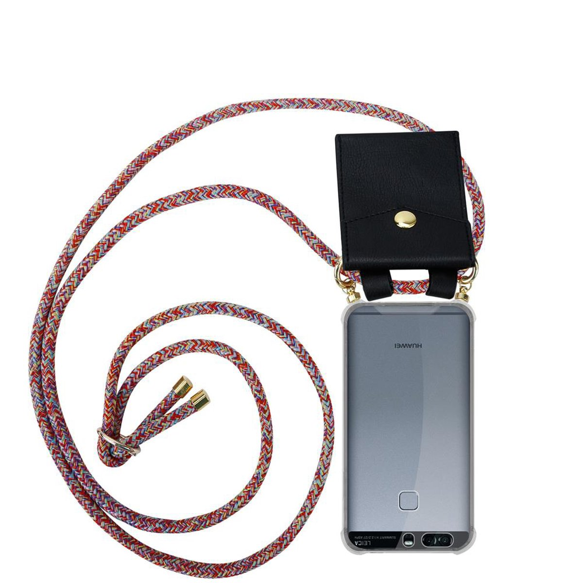 Bunte Handykette mit schwarzer Handytasche. Huawei-Telefon in der durchsichtigen Hülle. Weißer Hintergrund.