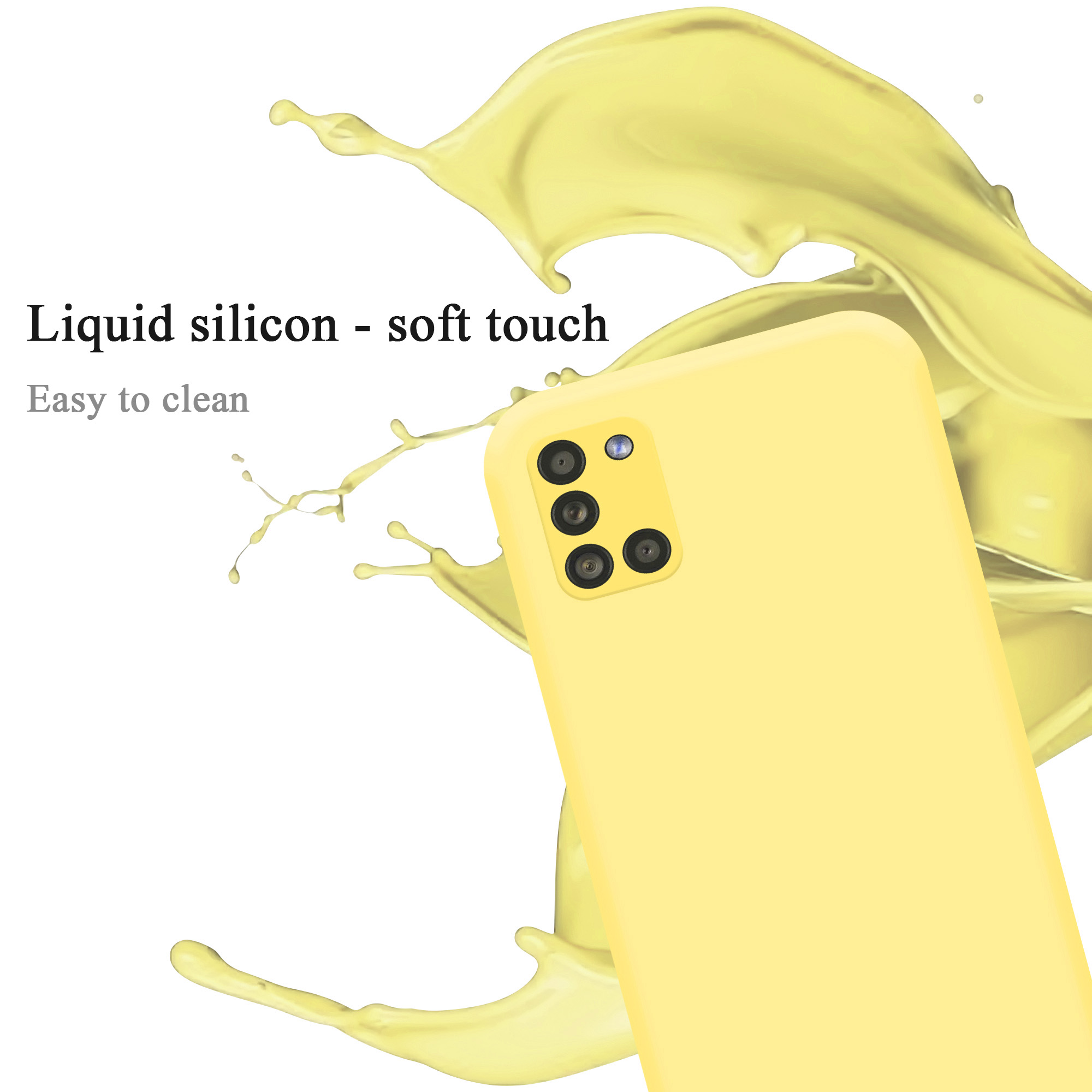 Gelbe Handyhülle mit Kamera. Gelber Flüssigkeitsspritzer. Text: Flüssiges Silikon - Soft-Touch.