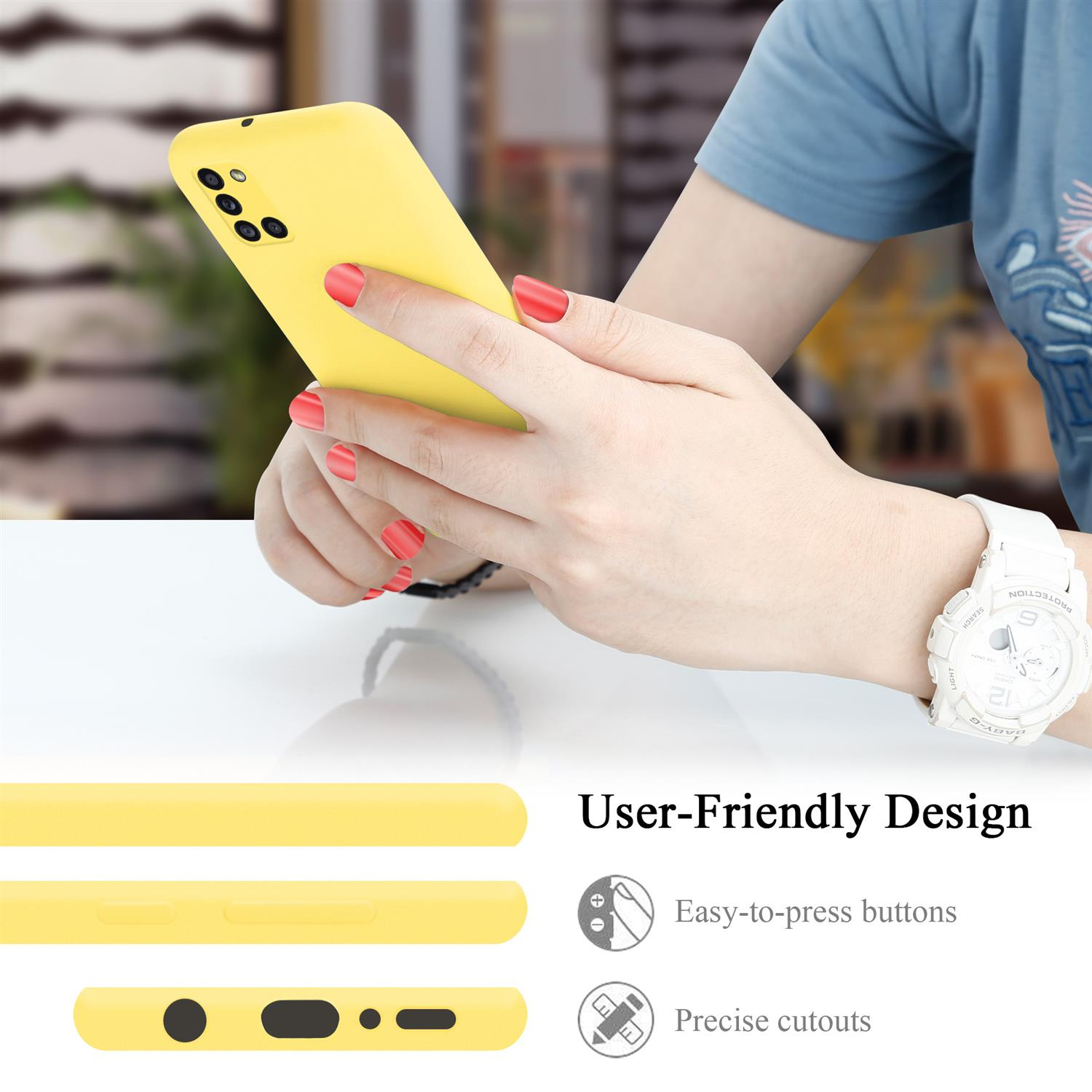 Gelbes Telefon mit benutzerfreundlichem Design. Merkmale leicht zu drückende Tasten und präzise Aussparungen.