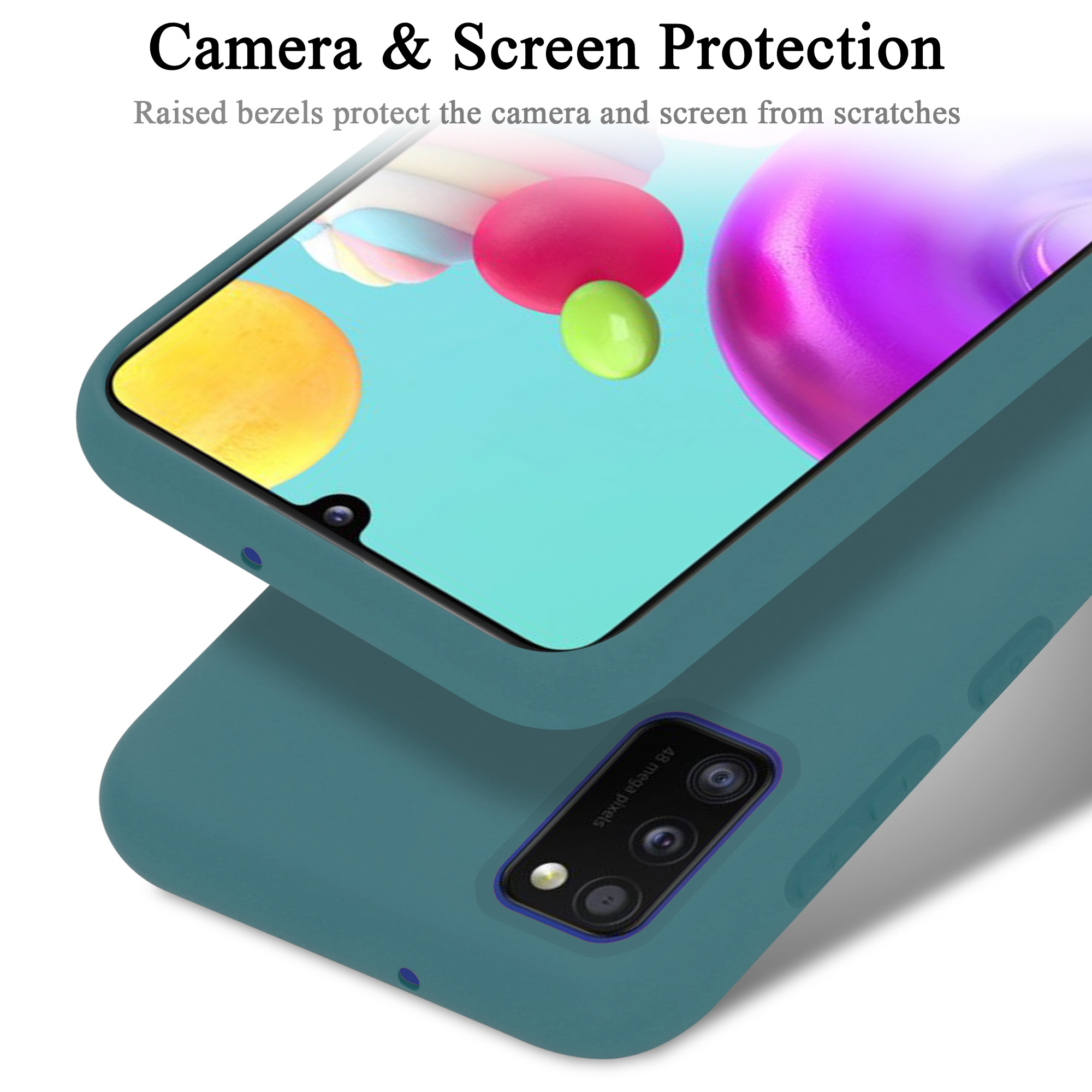 Una custodia verde acqua mostra la fotocamera del telefono, con bordi rialzati per proteggere fotocamera e schermo.