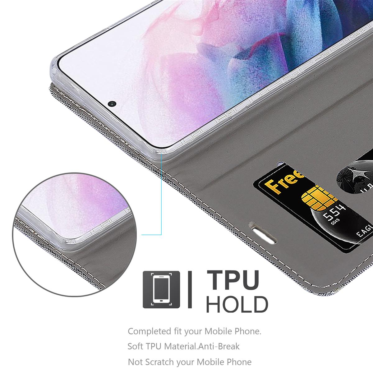 Telefono dentro una custodia con una carta e il testo: TPU HOLD.