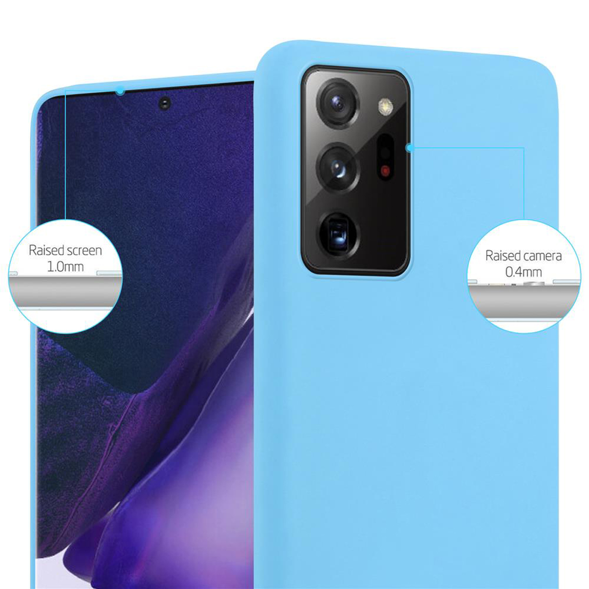 Una custodia per telefono azzurra con un telefono all'interno. Ha uno schermo e una fotocamera rialzati per la protezione.