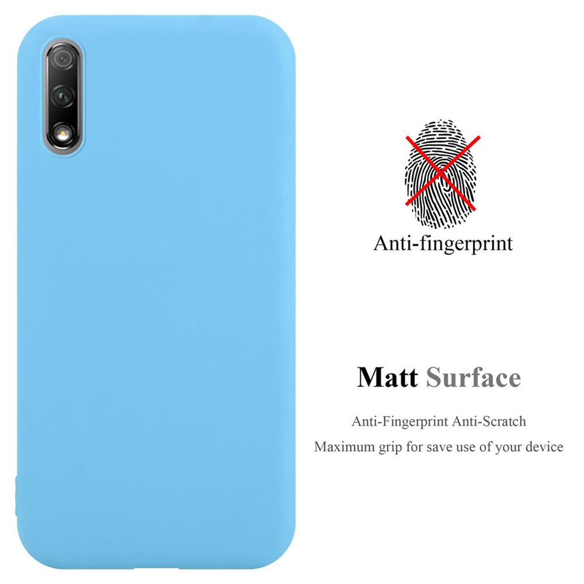 Hellblaue Handyhülle. Text lautet 'Anti-Fingerprint' und 'Matt Surface'. Fingerabdruck mit rotem Kreuz wird gezeigt.