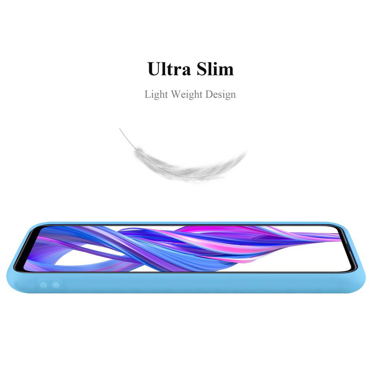 Hellblaue Handyhülle, mit einer darüber schwebenden Feder. Text sagt 'Ultra Slim'.