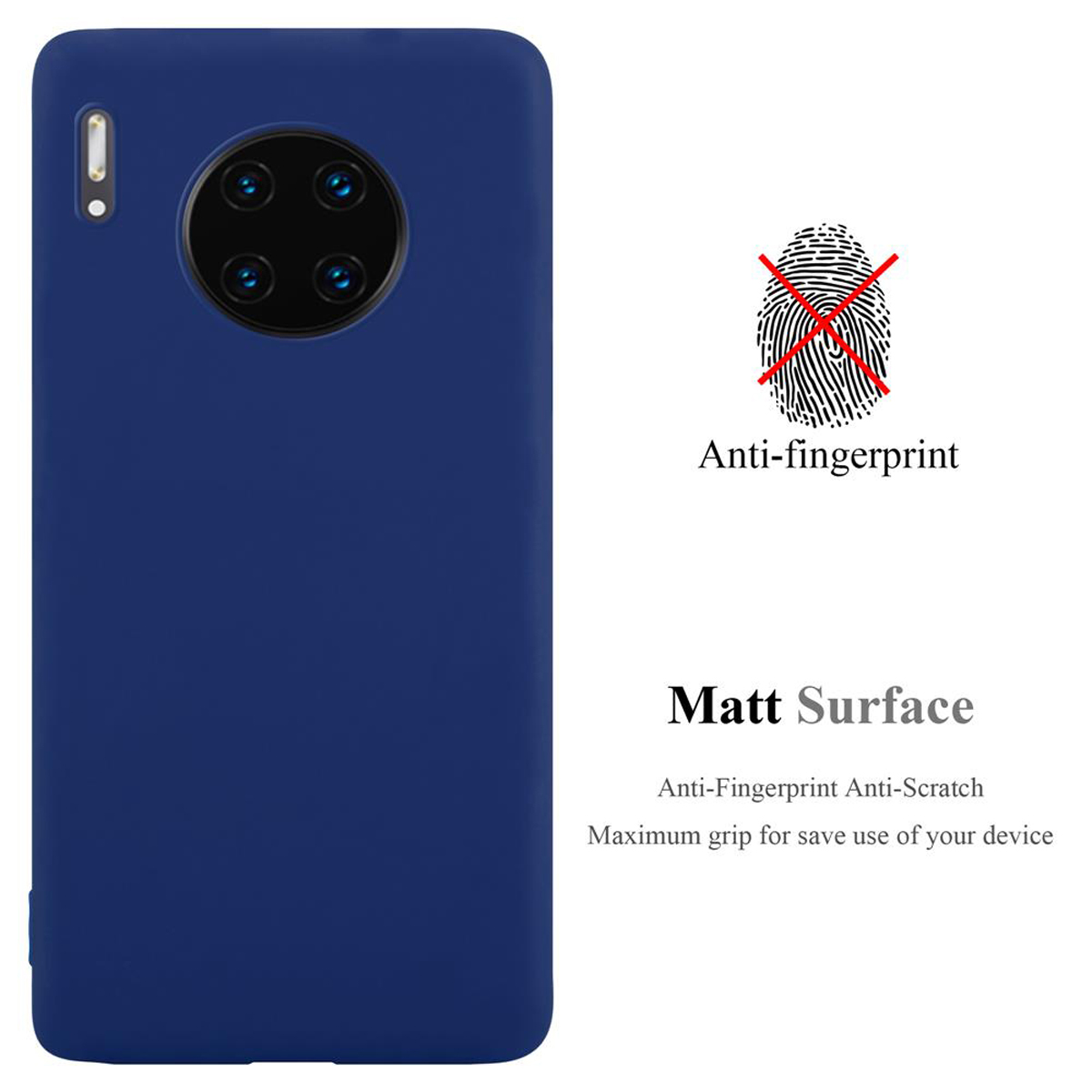 Custodia blu per telefono con configurazione fotocamera circolare. Testo: anti-impronta, superficie opaca e presa.