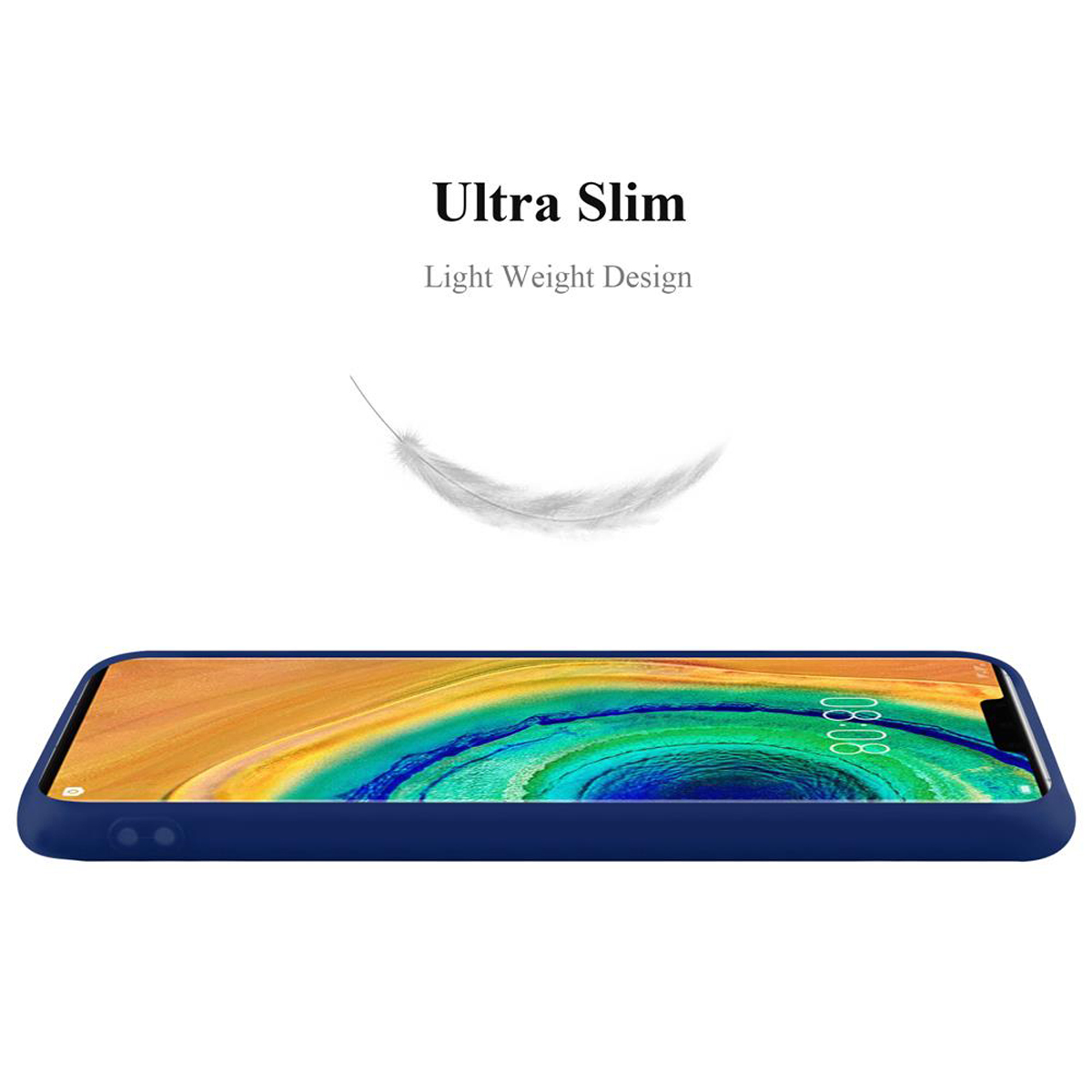 Una custodia per telefono blu. Il testo sopra dice Ultra Slim e Light Weight Design. Una piuma fluttua sopra.