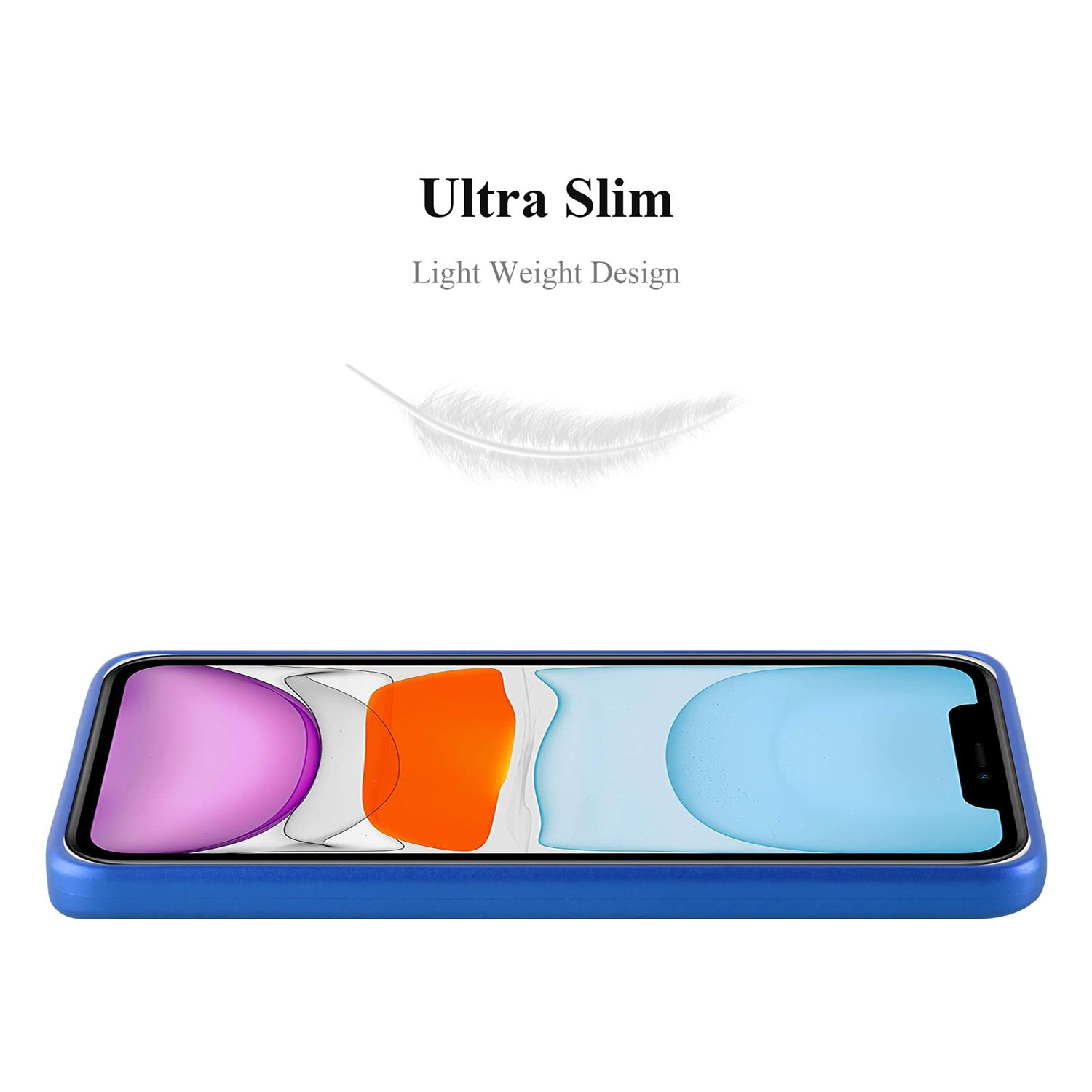 Eine blaue Handyhülle mit einem Telefon darin. Text: Ultra Slim, Light Weight Design. Das Telefon hat einen bunten Bildschirm.