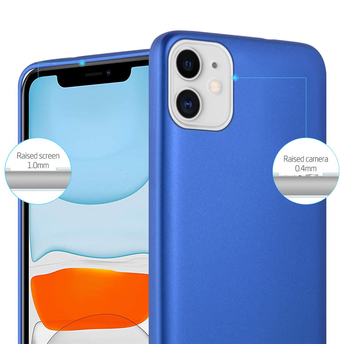 Blaue Handyhülle mit erhöhten Rändern. Telefonbildschirm sichtbar. Weißer Hintergrund.