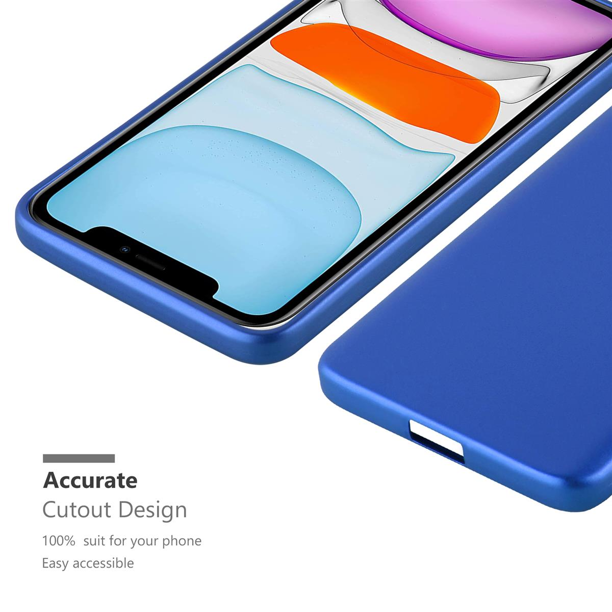 Zwei Telefone in blauen Hüllen werden gezeigt. Eines ist geöffnet, das andere geschlossen. Der Hintergrund ist weiß.