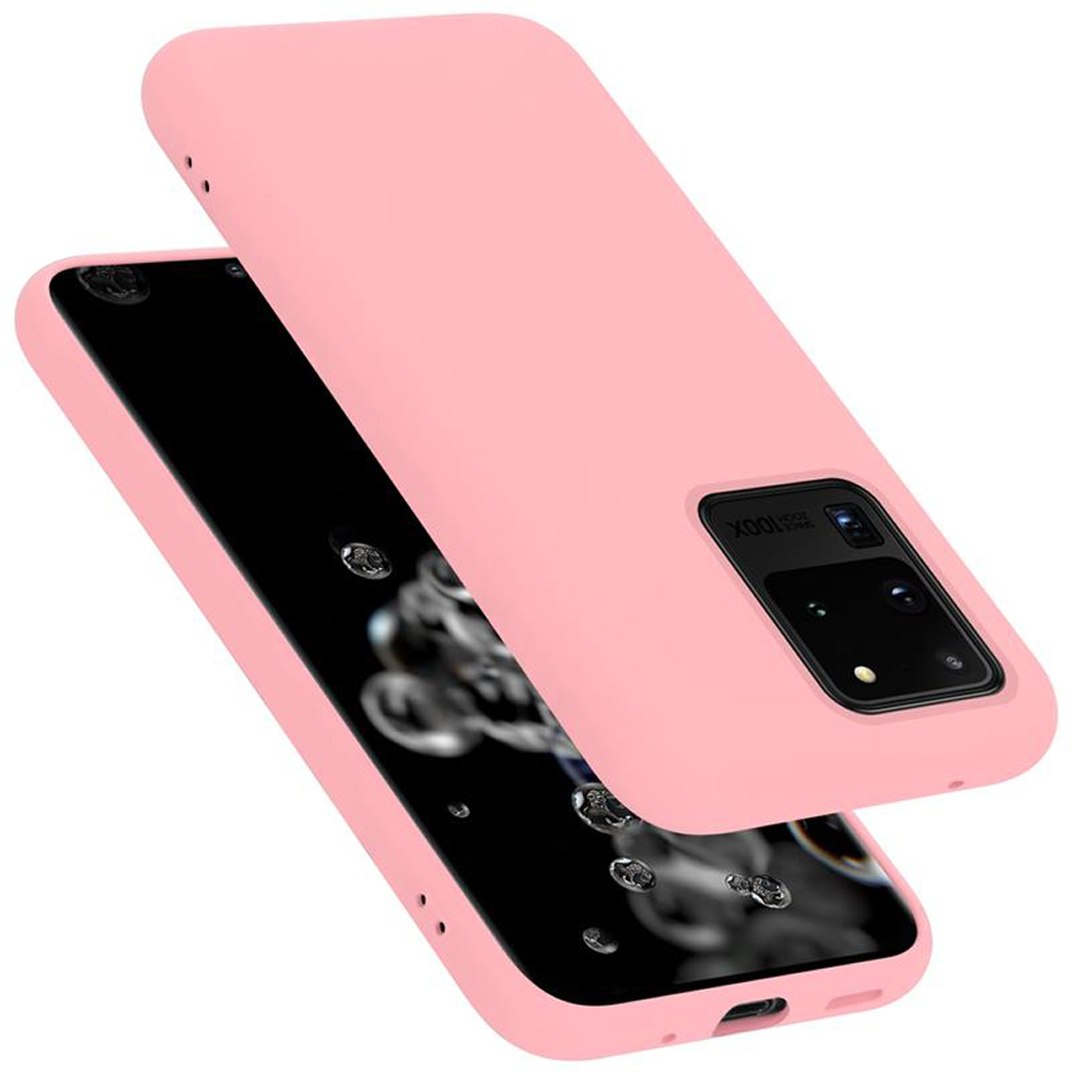 Custodia rosa per telefono con un telefono all'interno. Sfondo bianco.