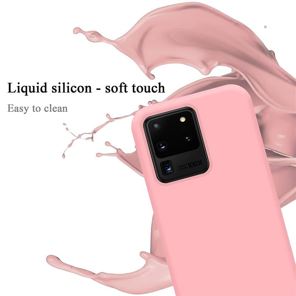 Custodia per telefono rosa con un telefono all'interno. La custodia ha un ritaglio per la fotocamera. Ha un tocco morbido.