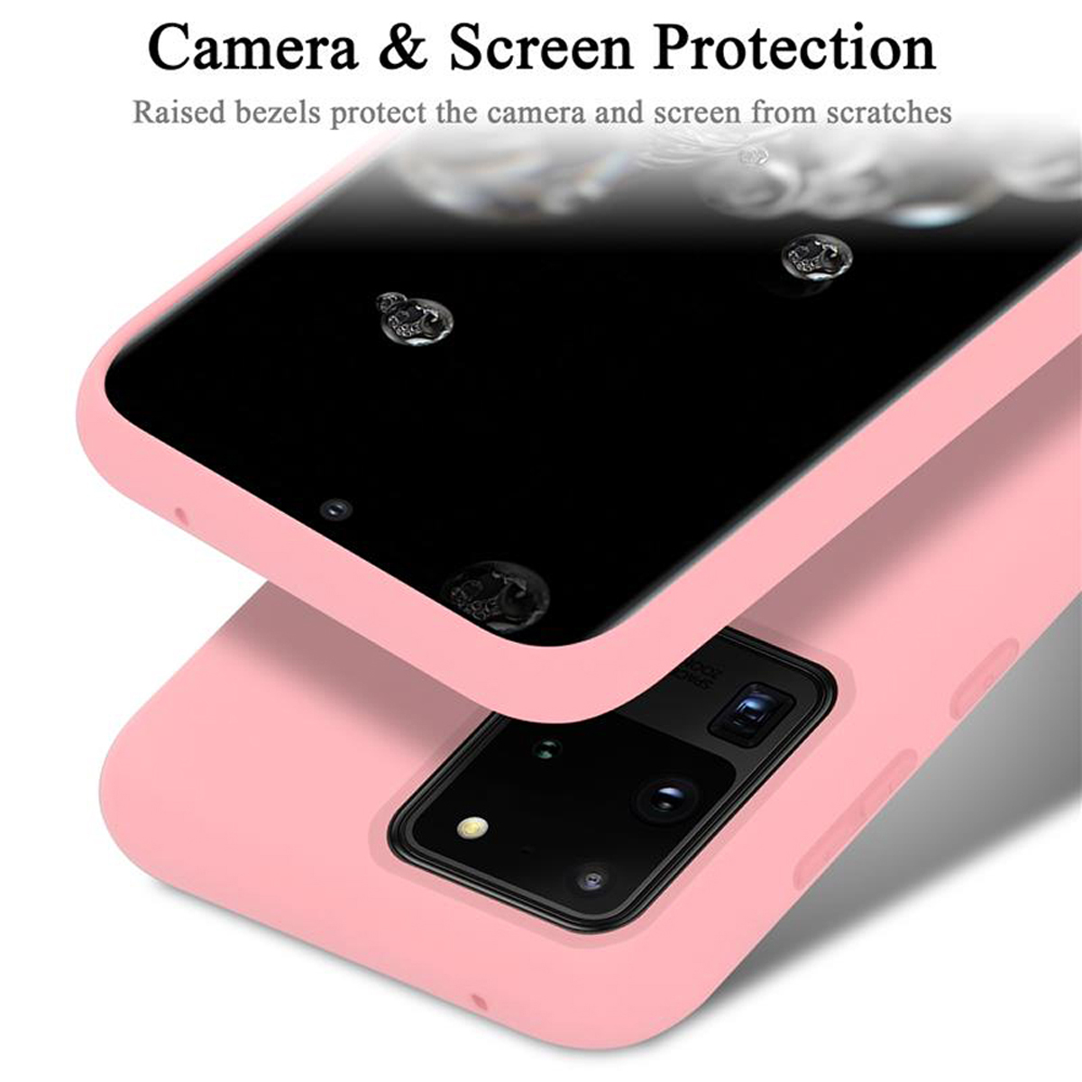 Custodia per telefono rosa, con un telefono all'interno. Il testo dice 'Protezione fotocamera e schermo'. Gocce d'acqua presenti.