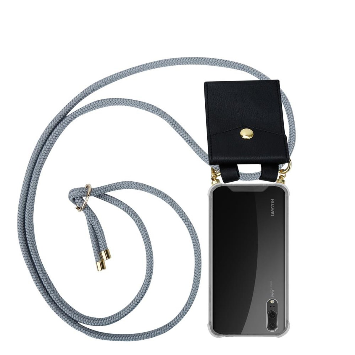 CADORABO Handy Kette mit Gold abnehmbarer Hülle, SILBER Huawei, Backcover, Band Ringen, P20, und GRAU Kordel