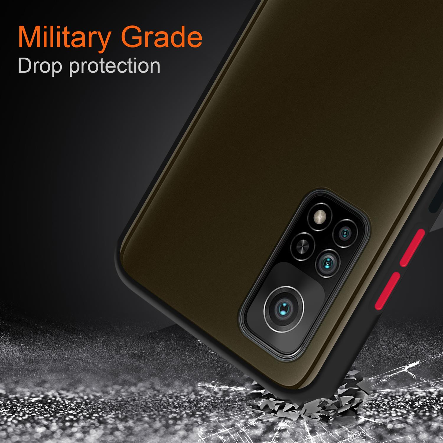Olivgrüne Handyhülle mit schwarzem Telefon. Text: Militärischer Fallschutz.