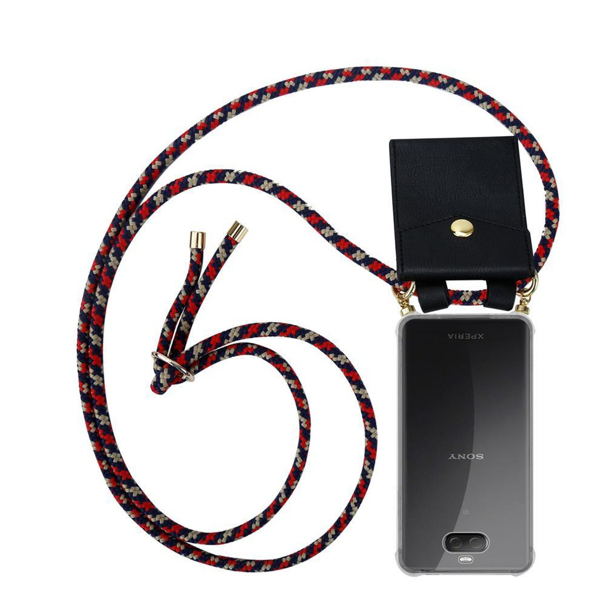 Handyhülle mit rot-weiß-blauem Lanyard. Das Telefon ist in einer transparenten Hülle.