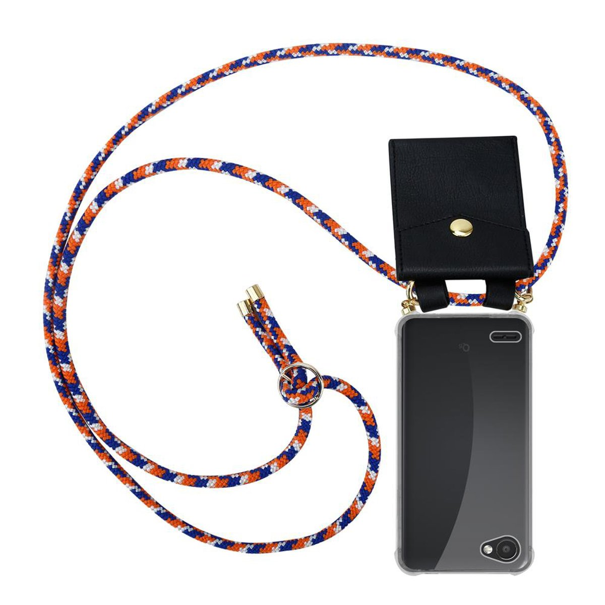 Handy abnehmbarer LG, Band Hülle, Kette Backcover, MINI, Q6 BLAU WEIß und Kordel ORANGE mit Gold Ringen, / CADORABO G6