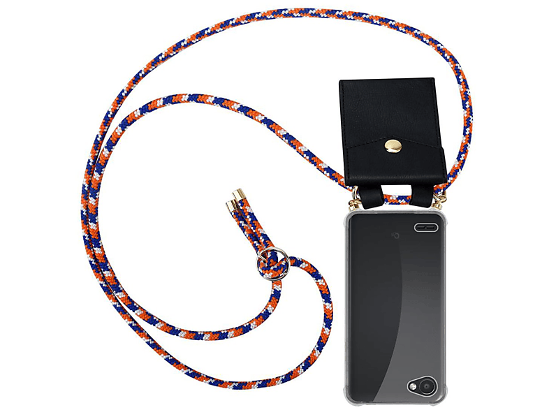 CADORABO Handy Kette mit Gold Ringen, Kordel Band und abnehmbarer Hülle, Backcover, LG, Q6 / G6 MINI, ORANGE BLAU WEIß