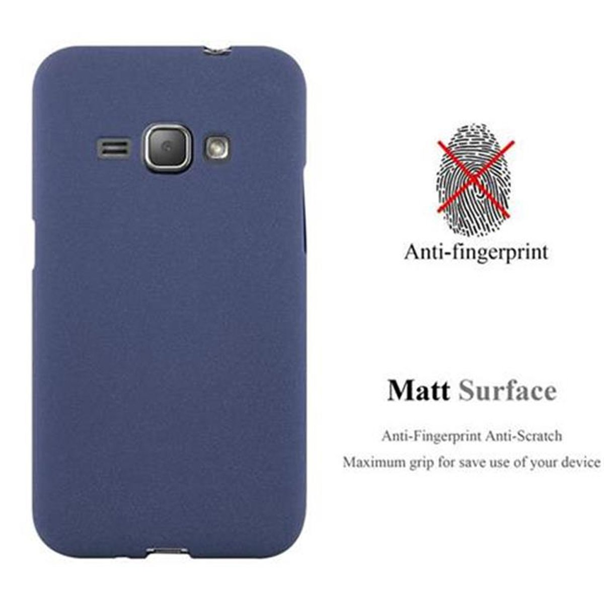 Custodia blu per telefono con simbolo di impronta digitale barrato e le parole anti-impronta. Testo: Superficie opaca.