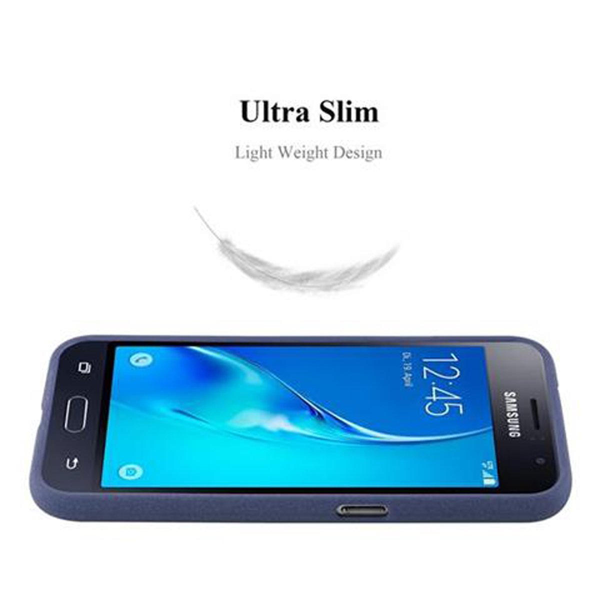 Custodia per telefono blu. Design ultra sottile. Una piuma fluttua sopra il telefono.