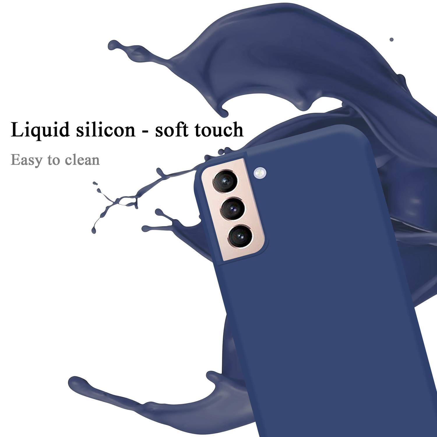 Eine blaue Handyhülle mit einem Flüssigkeitsspritzer. Es gibt drei Kameras auf der Hülle.