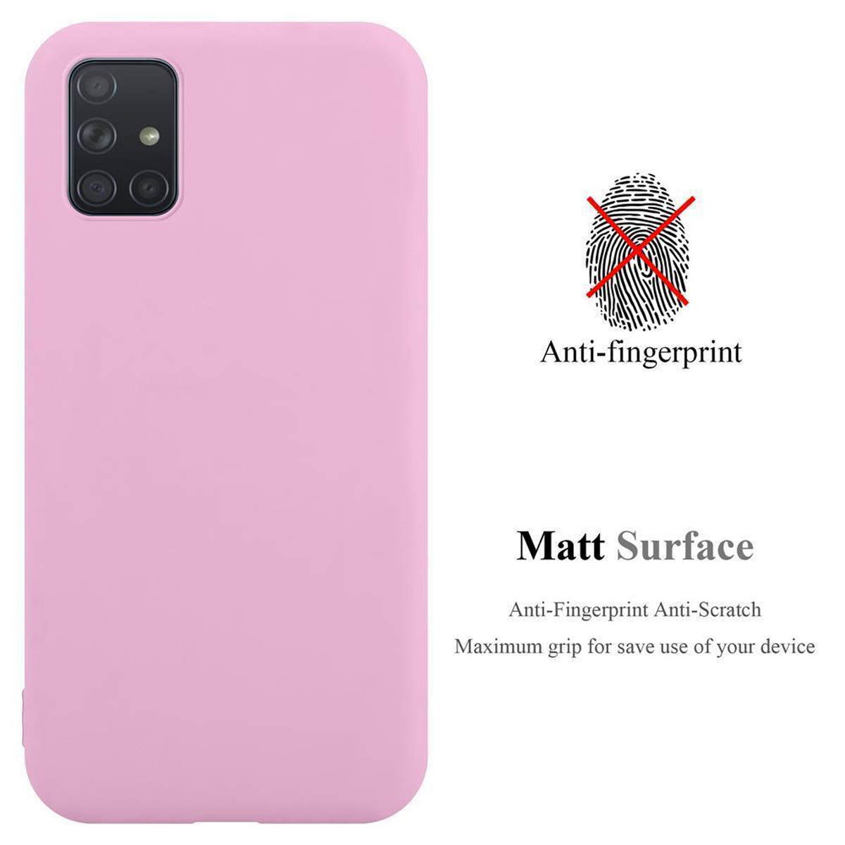 Rosa Handyhülle mit durchgestrichenem Fingerabdruck-Symbol. Text: 'Matt Surface', 'Anti-fingerprint'.