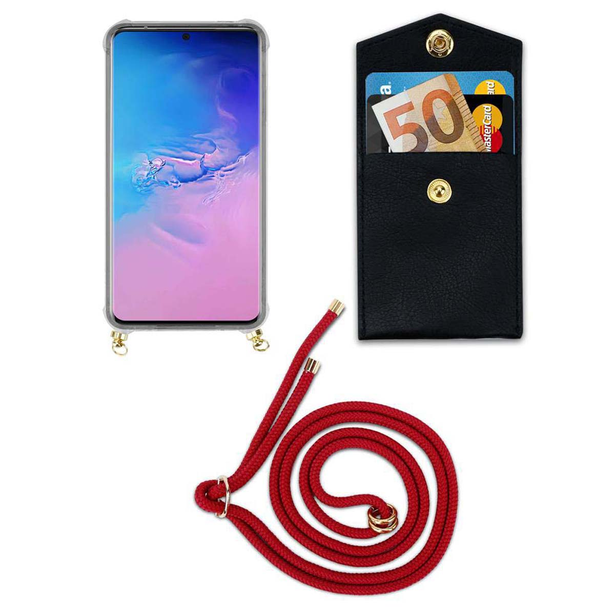 Telefono con cordino e custodia nera con carte e denaro all'interno. Lo sfondo è bianco.