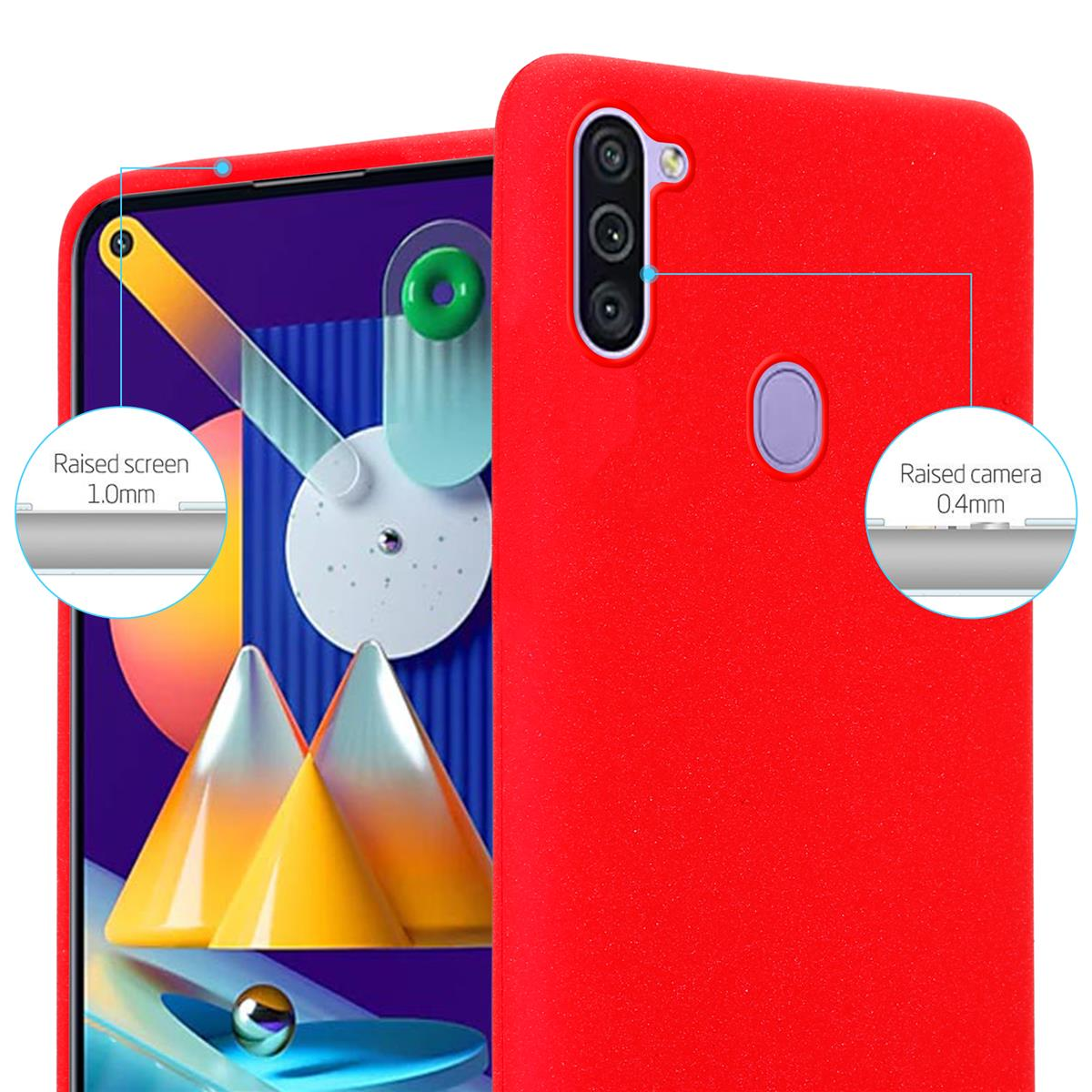 Dettaglio custodia rossa per telefono con schermo e protezione fotocamera rialzati. Schermo visibile.