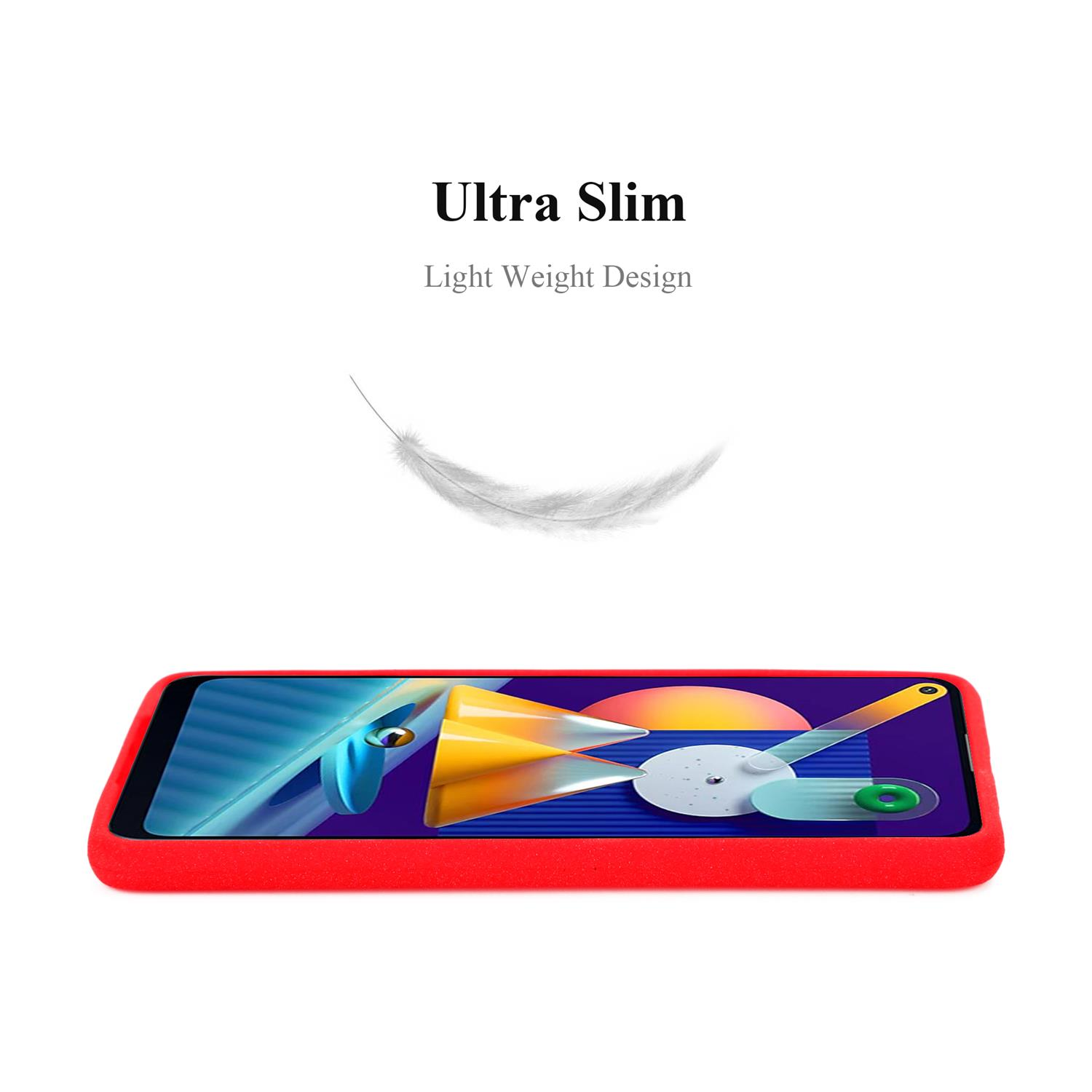 Custodia per telefono rossa con una piuma e testo che dice 'Ultra Slim, Light Weight Design'.