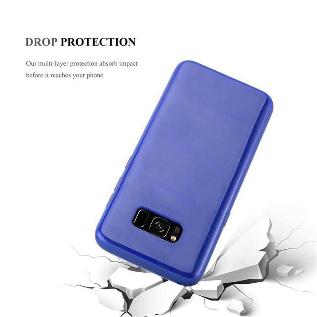 Eine blaue Telefonhülle auf weißem Hintergrund mit Text über Sturzschutz und Stoßabsorption.
