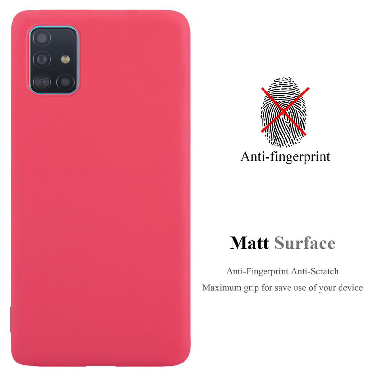 Eine rote Handyhülle mit Anti-Fingerabdruck-Text. Die Hülle befindet sich auf einer weißen Oberfläche mit einem Fingerabdrucksymbol.