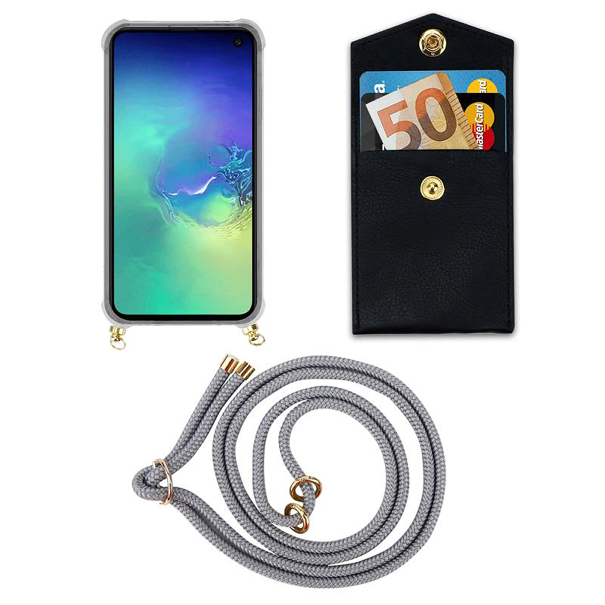 Smartphone con custodia e cordino. Una custodia nera a portafoglio contiene carte. Sfondo bianco.