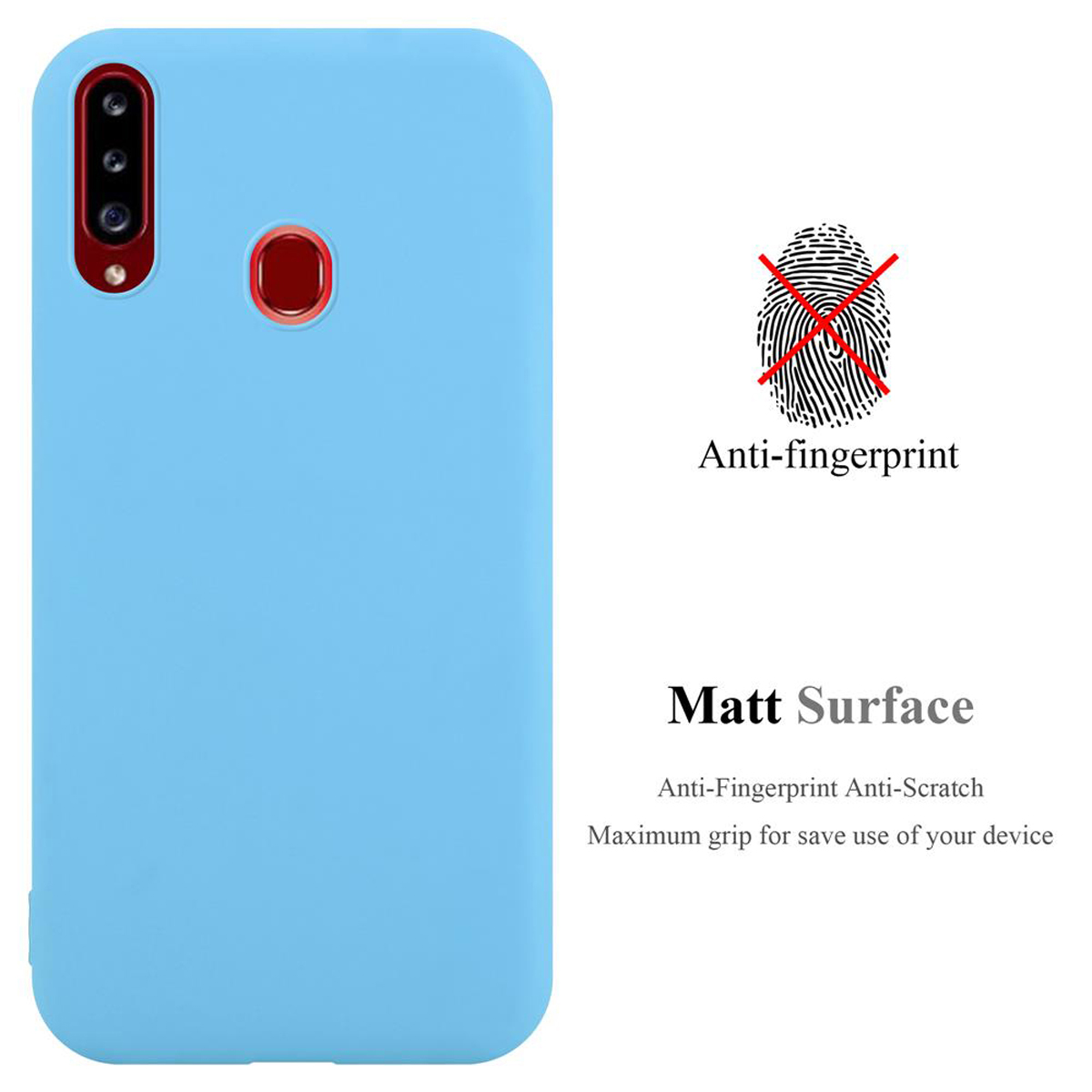 Un telefono azzurro. Il telefono ha una superficie anti-impronta e opaca.