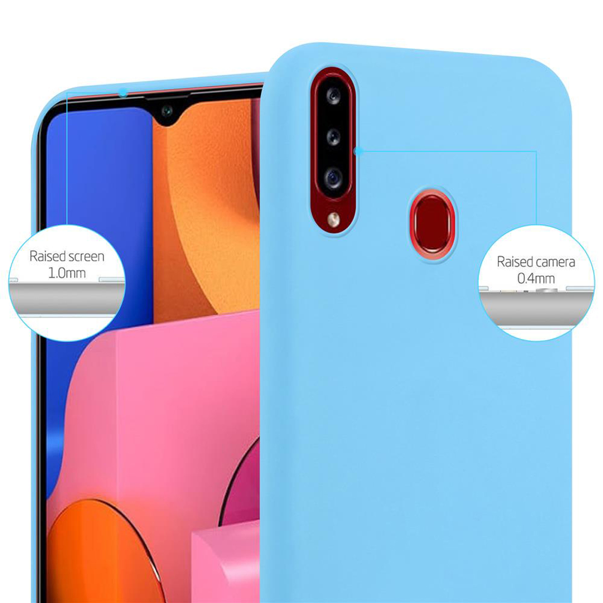 Custodia per telefono azzurro. Vista ravvicinata che mostra lo schermo rialzato e la protezione della fotocamera. Dettagli chiari.