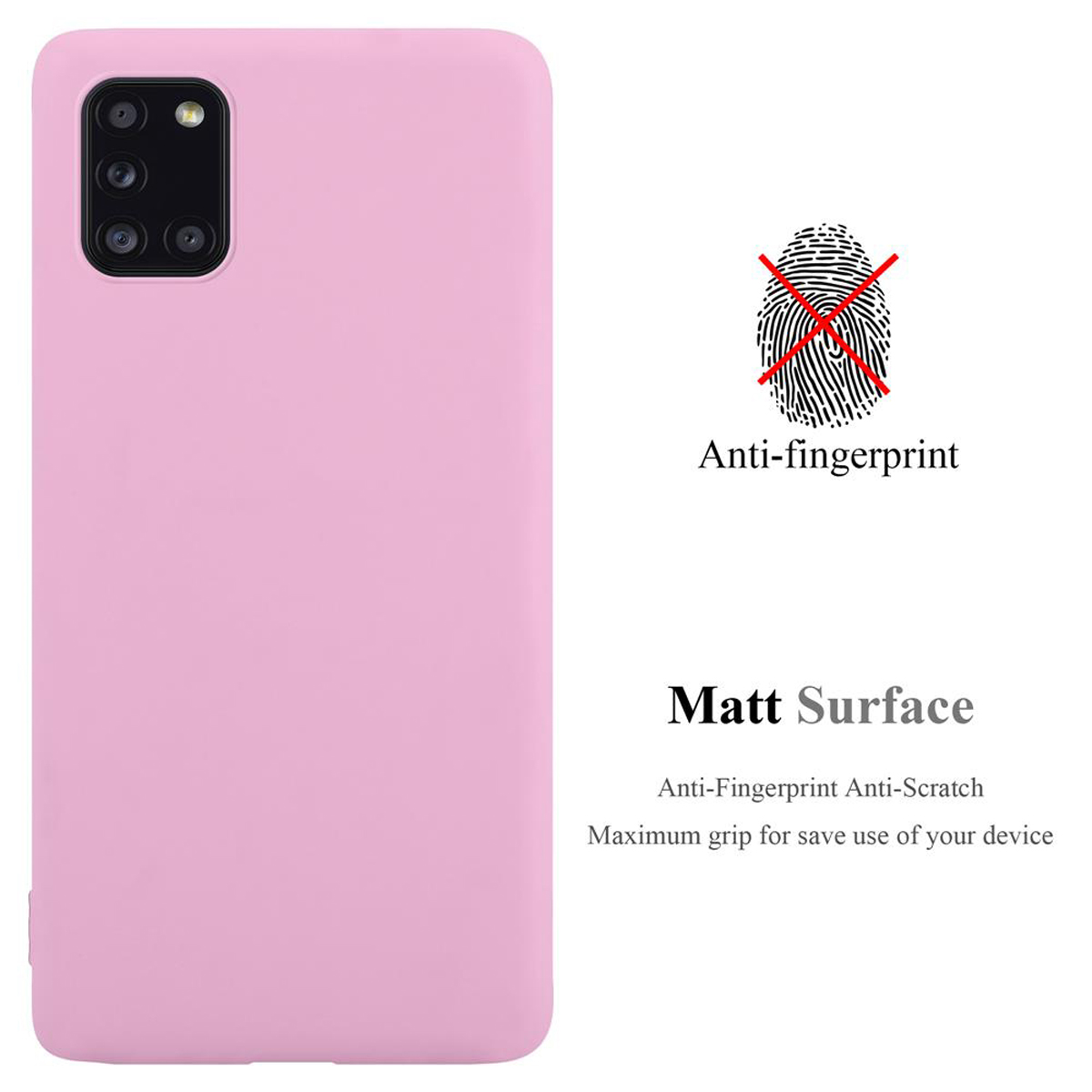 Custodia rosa con anti-impronta e superficie opaca, accanto a un simbolo di impronta con una X rossa.