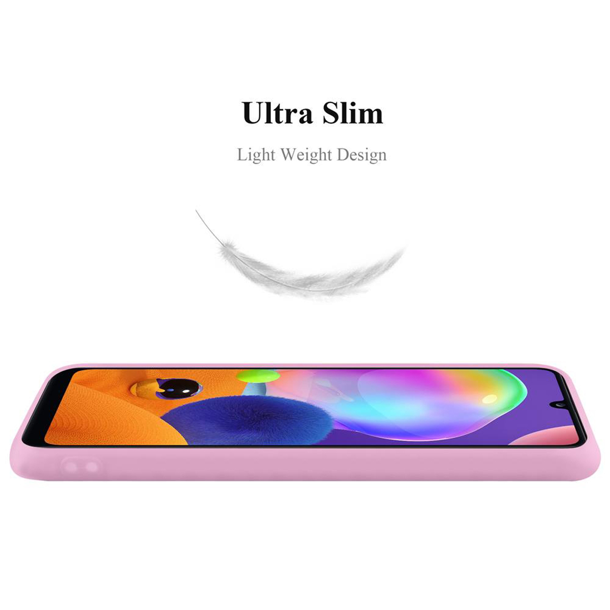 Telefono in una custodia rosa, appoggiato su una superficie. Il testo in alto dice: 'Ultra Slim - Light Weight Design'.