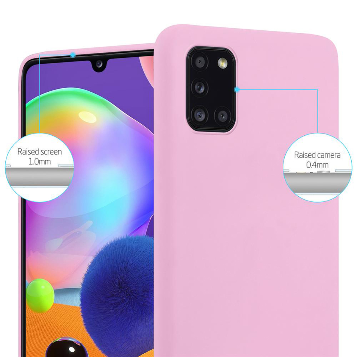 Una custodia rosa per telefono con telefono all'interno. Il testo mostra 'Schermo rialzato' e 'Fotocamera rialzata'.