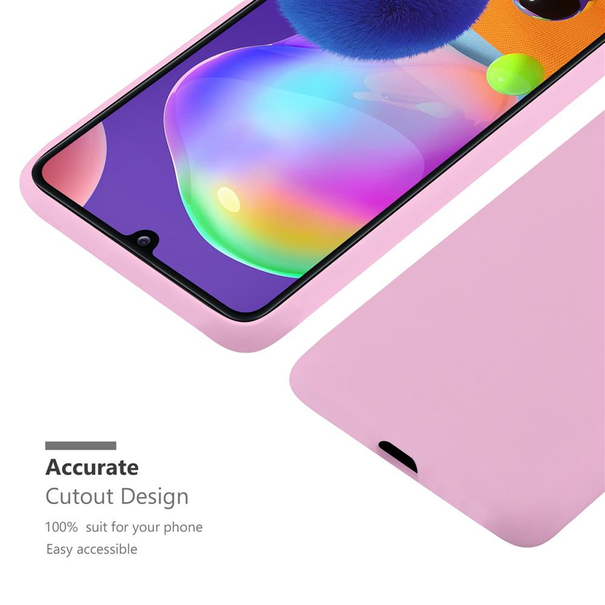 Custodia per telefono rosa, che mostra un telefono, con testo sulle caratteristiche della custodia. Sfondo bianco.