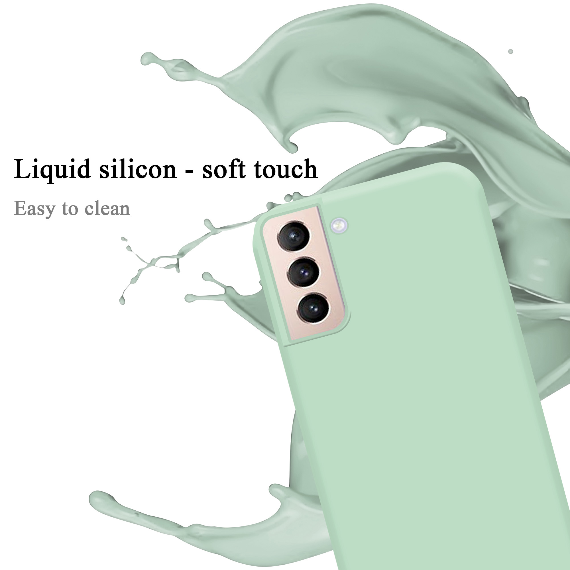 Grüne Handyhülle mit Telefon im Inneren, mit grünem Spritzer. Text: Flüssiges Silikon - weicher Griff.