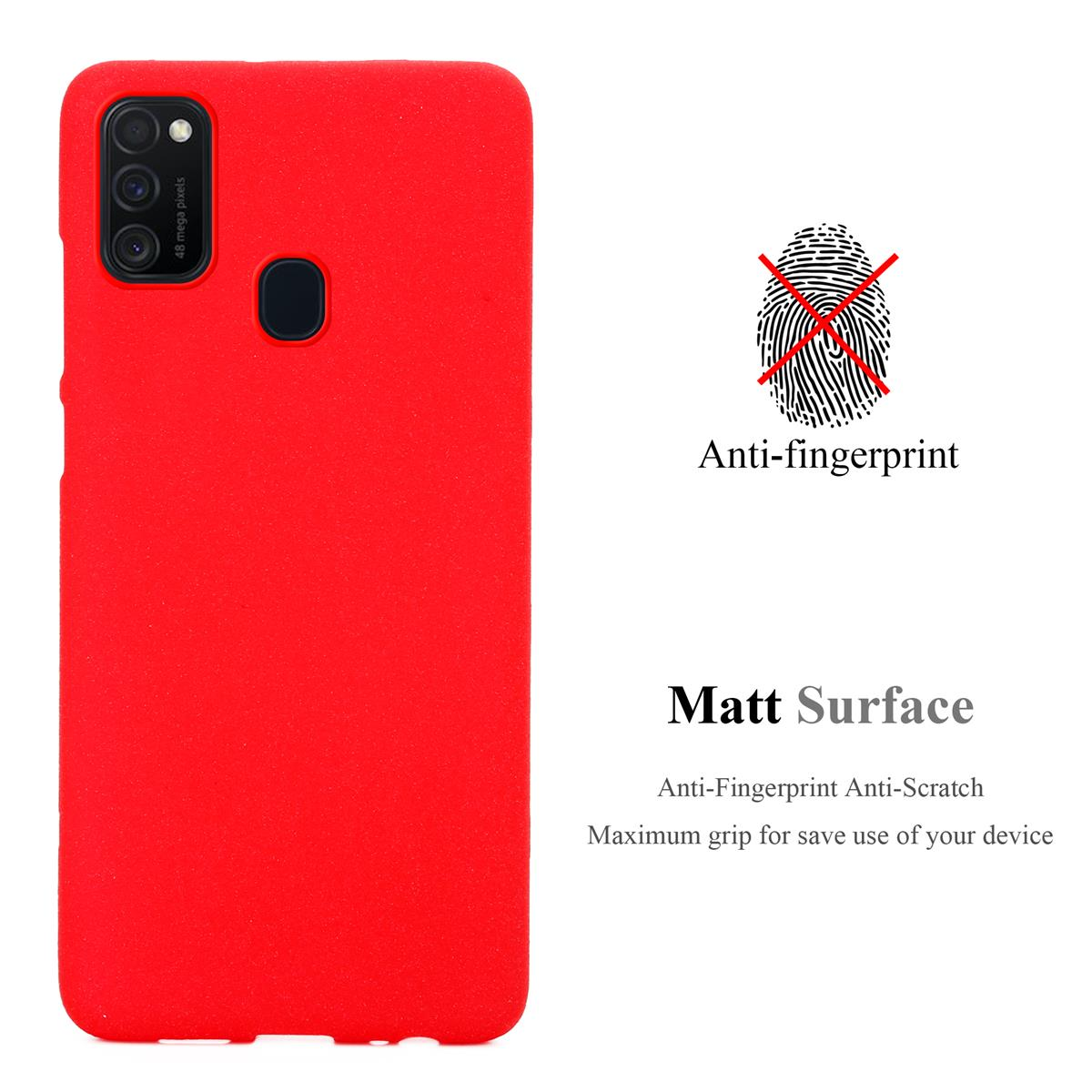 Custodia rossa per telefono con testo anti-impronta e superficie opaca.