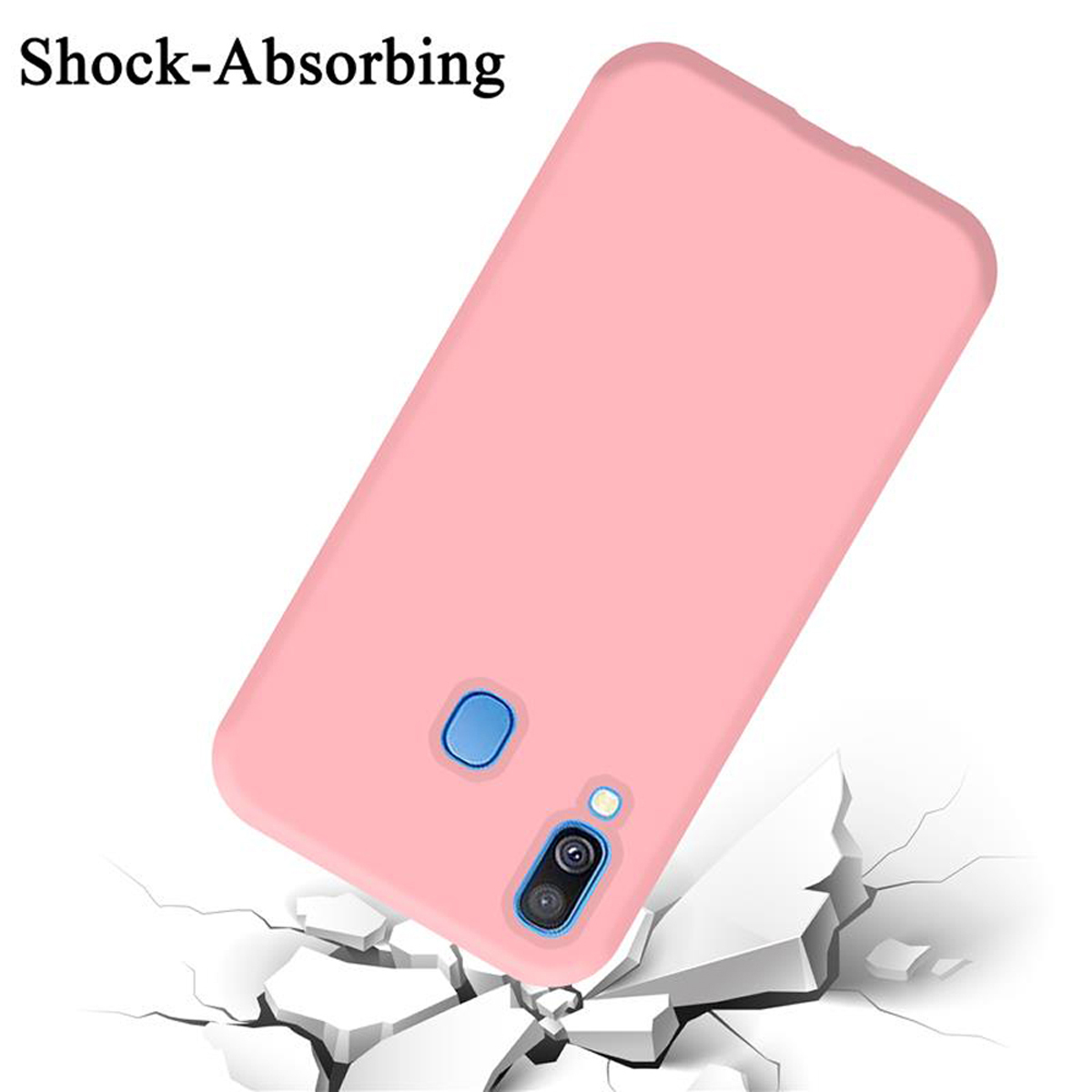 Custodia per telefono rosa con il testo 'Shock-Absorbing' e un telefono che spacca il terreno.