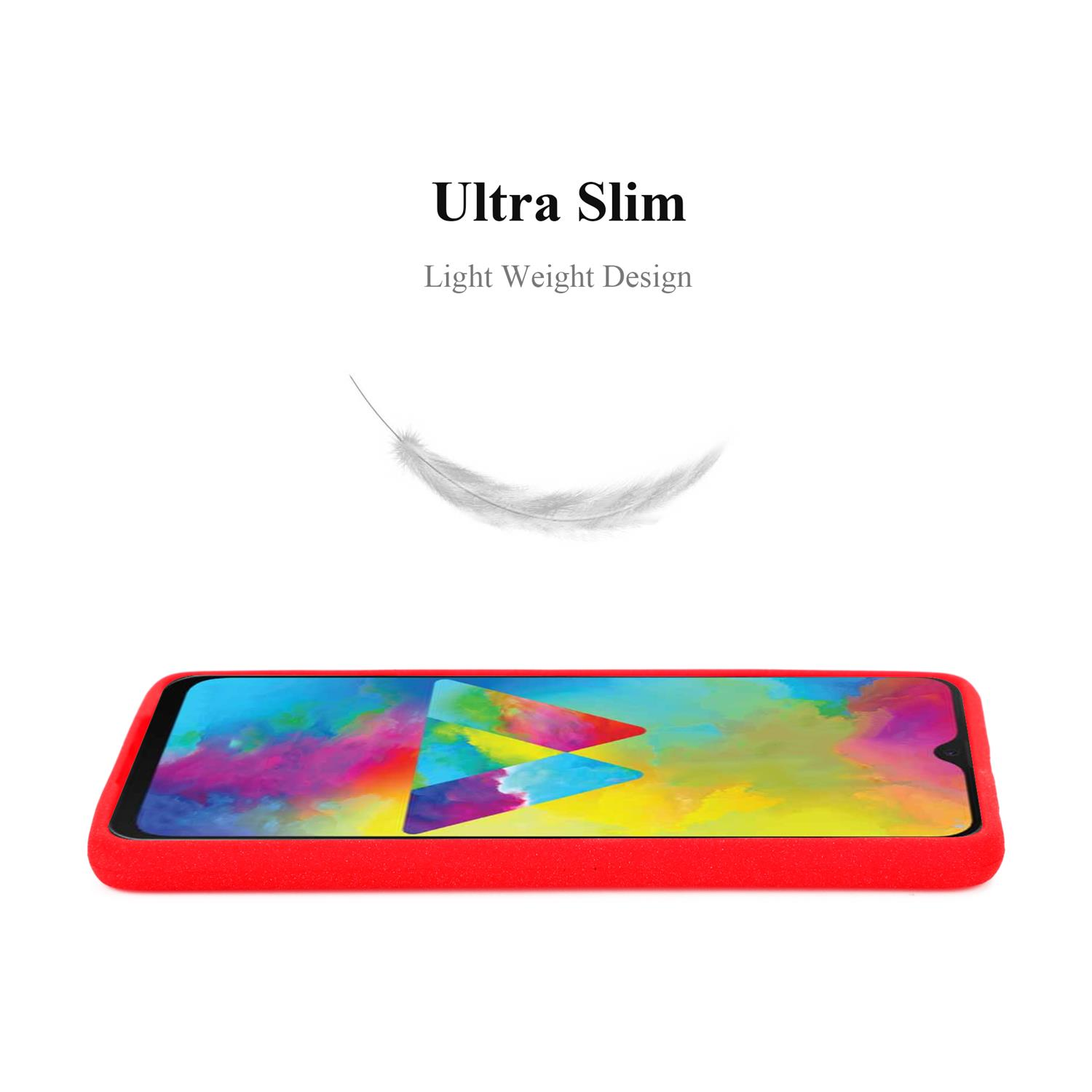 Custodia per telefono rossa, una piuma e il testo "Ultra Slim Light Weight Design" su sfondo bianco.